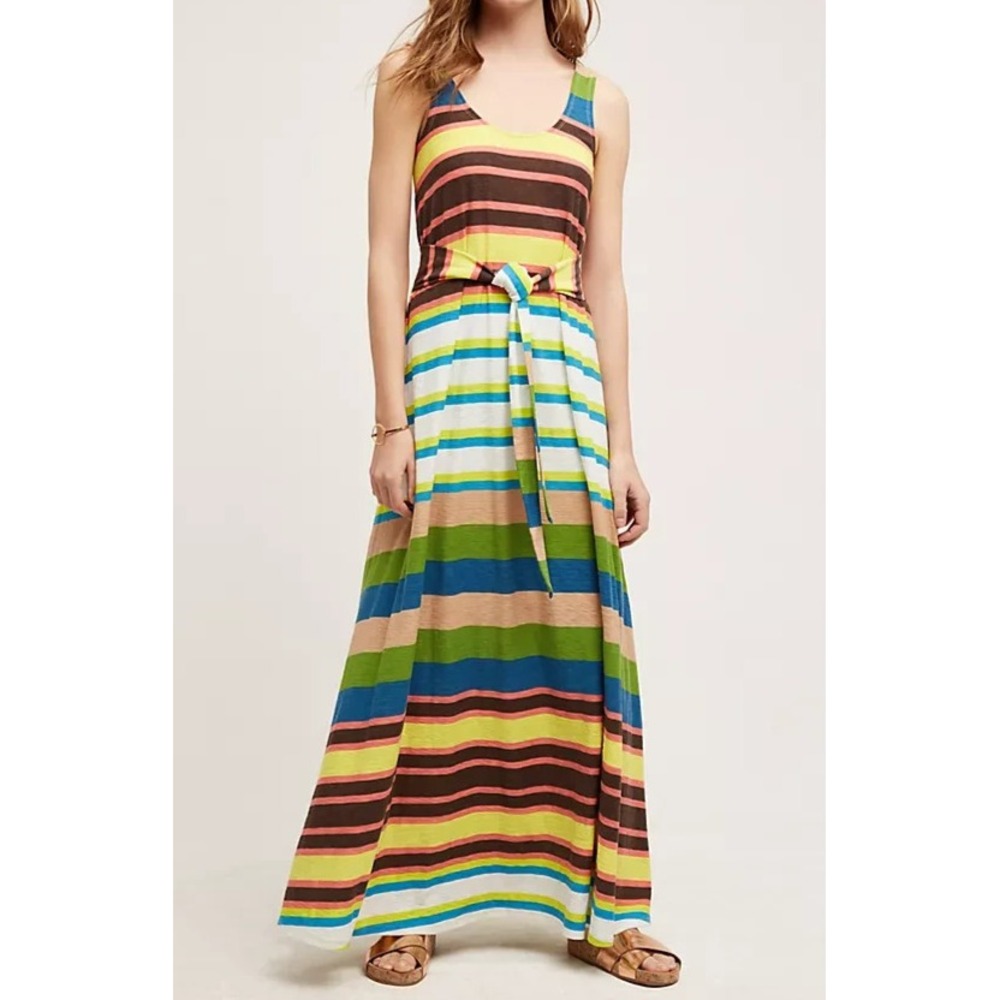 Anthropologie Tracy Reese Womens Earth Tone Striped Tank Maxi Dress M Tie Waist